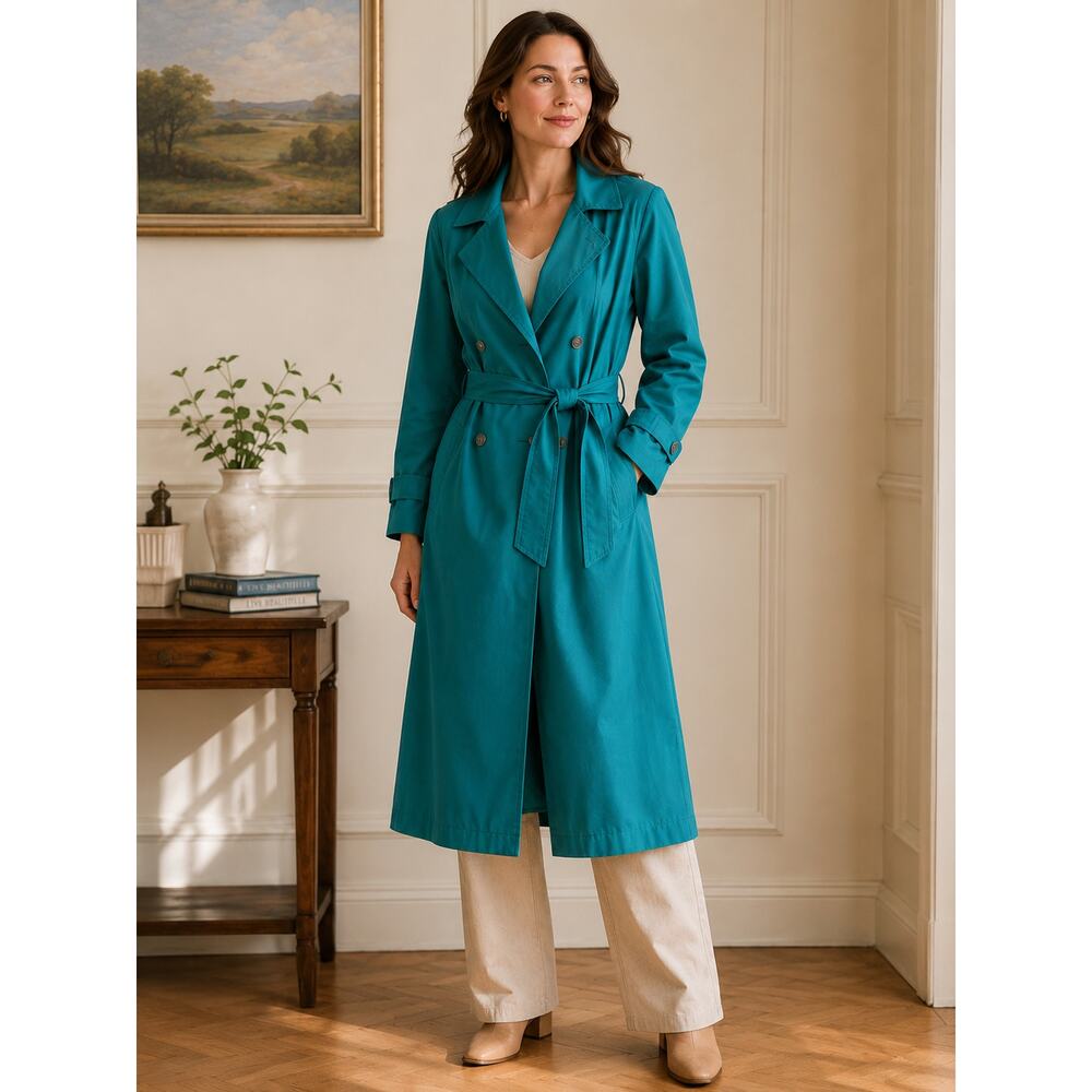 Vintage London Fog Wamsutta Teal Trench Coat USA Belted Zip Out Liner 10 Petite
